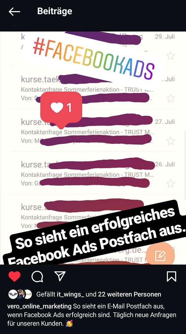 Grafik zeigt das Postfach mit Anmeldungen für Fitness Kurse mit Social-Media Marketing, Meta Werbeanzeigen.