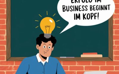 Zeichnung eines Unternehmers mit Glühbirne und Sprechblase in der steht: Erfolg im Business beginnt im Kopf! Zeichnung ist Teil des Blogbeitrags.