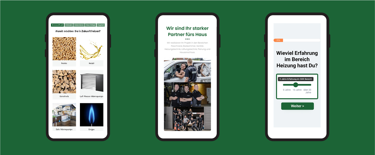 Smartphones zeigen verschiedene Seiten einer Handwerker Website. Links zu sehen ist ein Heizungskonfigurator, das mittlere Smartphone zeigt das Team und das rechte Smartphone zeigt das interaktive Bewerbungsformular.