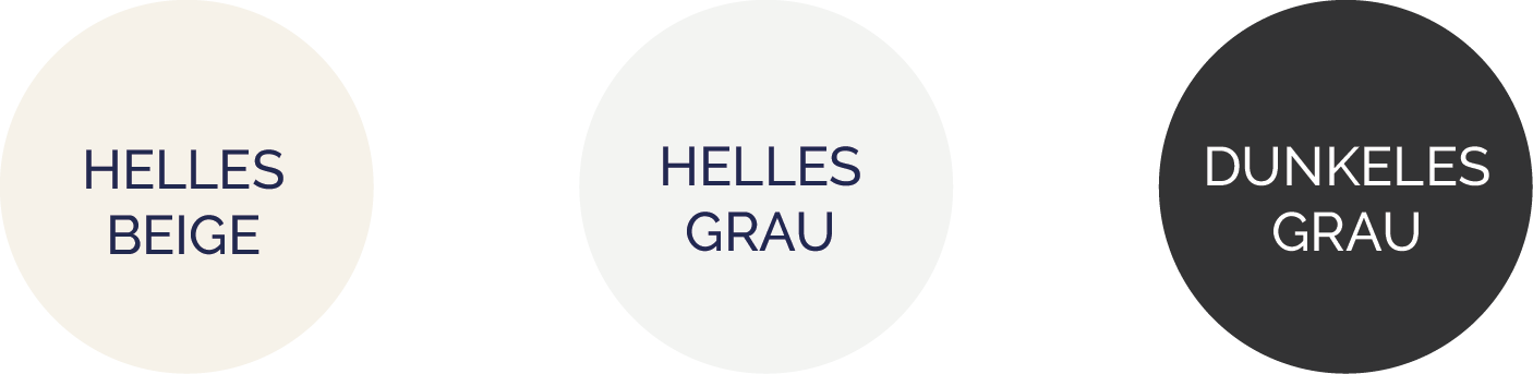 Kreise zeigen die Farben hellbeige, hellgrau und dunkelgrau, des eleganten Webdesign-Projekts.                  