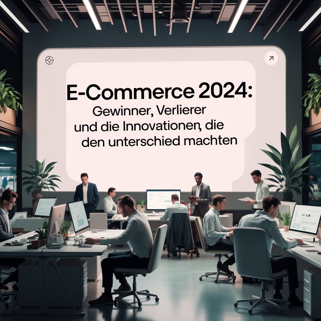 Illustration zeigt Büro mit darin arbeitenenden Menschan an ihren Schreibtischen und einer großen Leinwand mit dem Text E-Commerce 2024: Gewinner, Verlierer und die Innovationen, die den Unterschied machten.