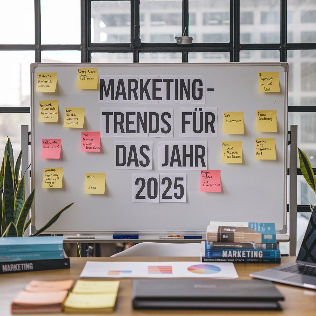 Grafik zeigt Board mit Klebezetteln und dem Text: Top 7 Marketing-Trends für das Jahr 2025.