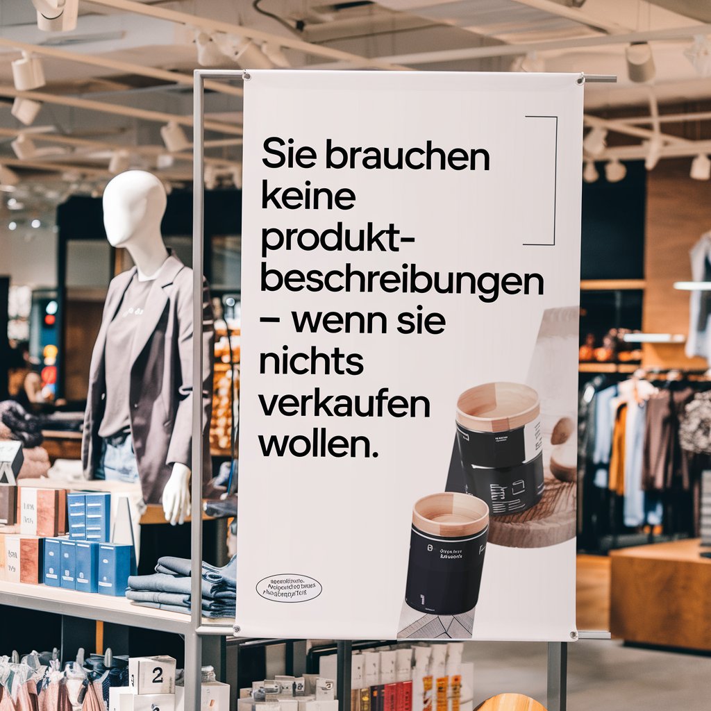 Plakat in Einkaufsfläche mit Text: "Sie brauchen keine Produktbeschreibungen – wenn Sie nichts verkaufen wollen."