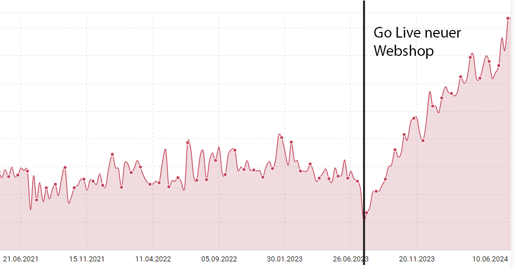 Grafik zeigt Anstieg der Sichbarkeit in Suchmaschinen mit dem neuen Webshop.